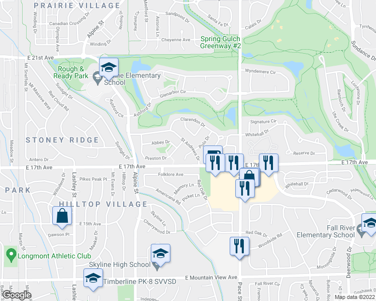 map of restaurants, bars, coffee shops, grocery stores, and more near 1705 Polo Way in Longmont