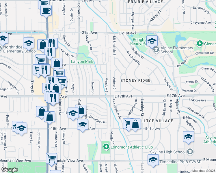 map of restaurants, bars, coffee shops, grocery stores, and more near 1767 Antero Drive in Longmont