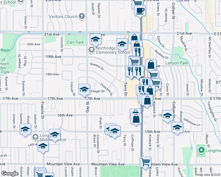 map of restaurants, bars, coffee shops, grocery stores, and more near 1720 Princess Drive in Longmont