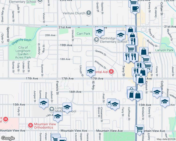 map of restaurants, bars, coffee shops, grocery stores, and more near 1314 Garden Circle in Longmont