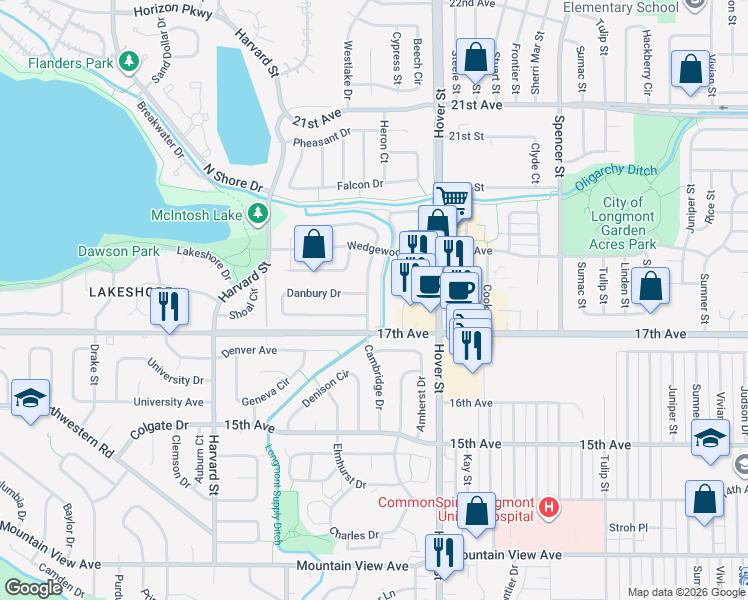 map of restaurants, bars, coffee shops, grocery stores, and more near 1720 Cambridge Drive in Longmont