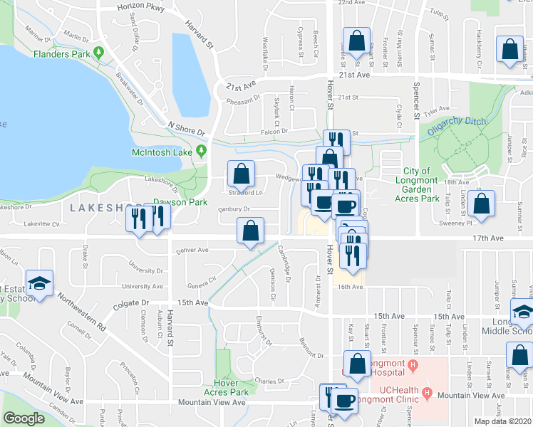 map of restaurants, bars, coffee shops, grocery stores, and more near 2518 Danbury Drive in Longmont