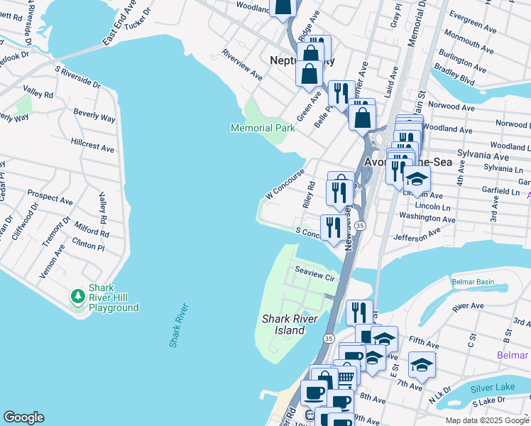 map of restaurants, bars, coffee shops, grocery stores, and more near 120 South Concourse in Neptune City