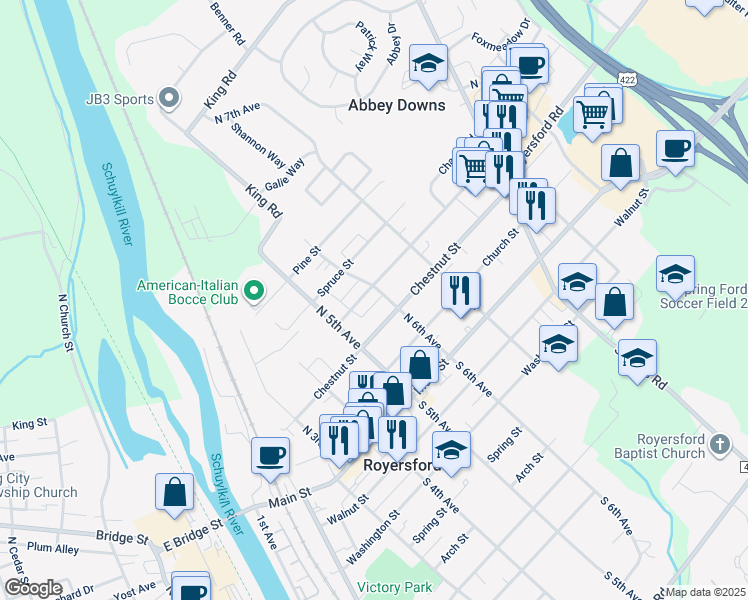 map of restaurants, bars, coffee shops, grocery stores, and more near 565 Chestnut Street in Royersford