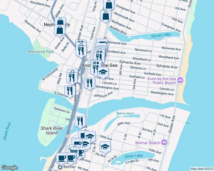 map of restaurants, bars, coffee shops, grocery stores, and more near 438 Washington Avenue in Avon-by-the-Sea
