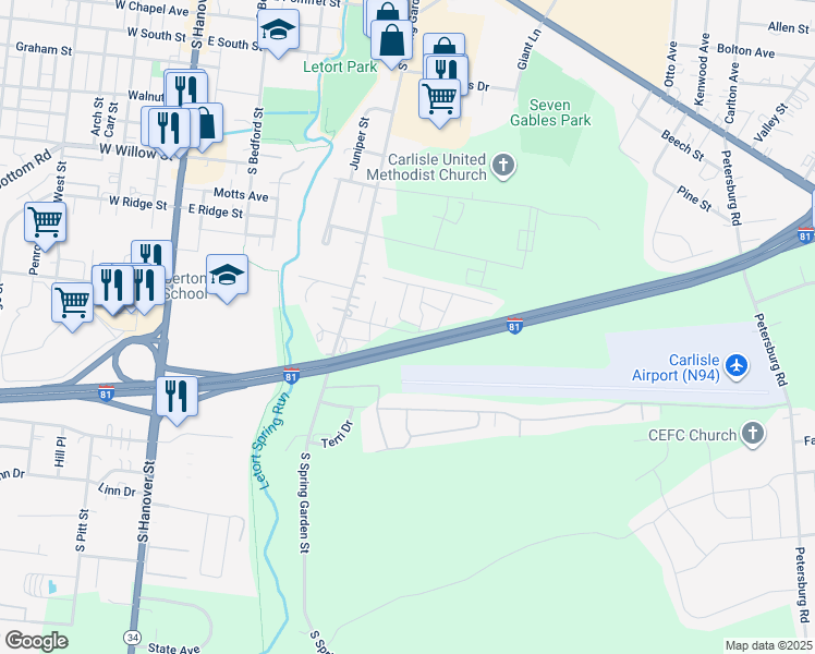 map of restaurants, bars, coffee shops, grocery stores, and more near 47 Garden Parkway in Carlisle