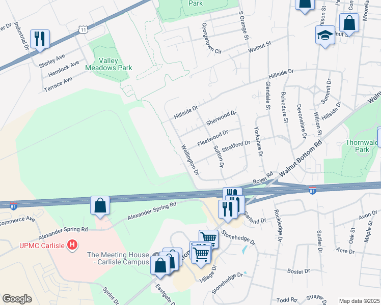 map of restaurants, bars, coffee shops, grocery stores, and more near 1220 Fleetwood Drive in Carlisle