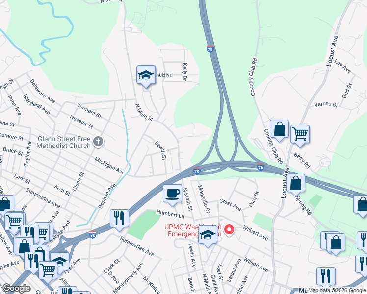 map of restaurants, bars, coffee shops, grocery stores, and more near 1256 North Main Street in Washington