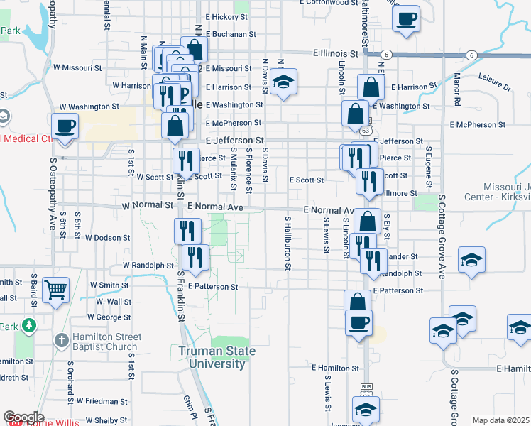 map of restaurants, bars, coffee shops, grocery stores, and more near 728 South Davis Street in Kirksville