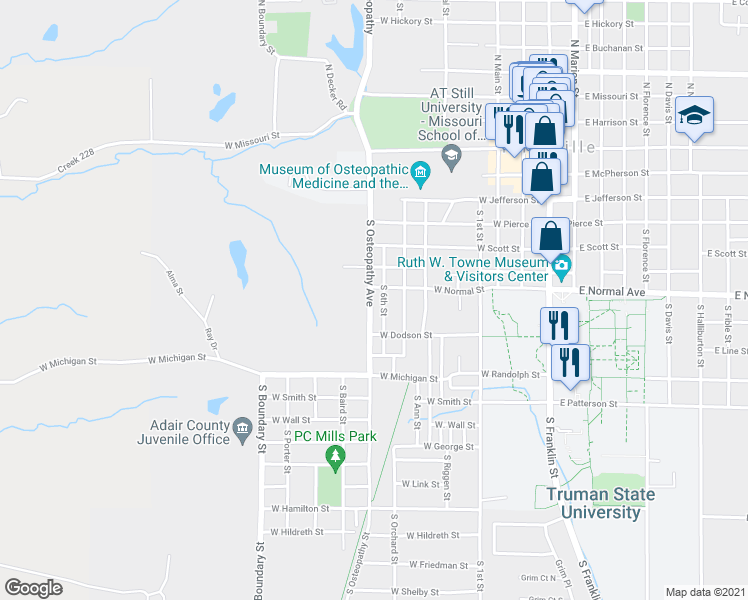 map of restaurants, bars, coffee shops, grocery stores, and more near 711 South Osteopathy in Kirksville
