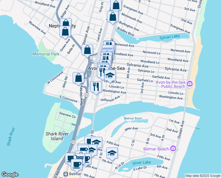 map of restaurants, bars, coffee shops, grocery stores, and more near 438 Washington Avenue in Avon-by-the-Sea