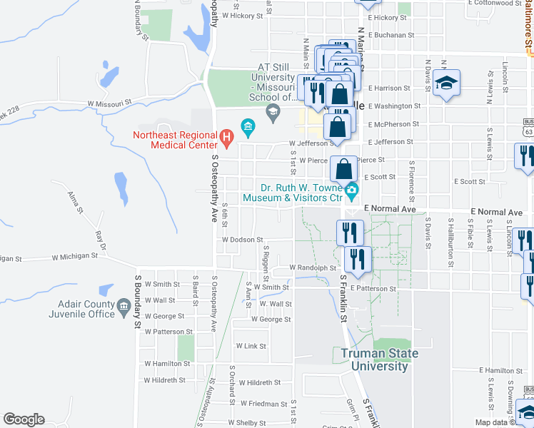 map of restaurants, bars, coffee shops, grocery stores, and more near 702 South Sheridan Street in Kirksville