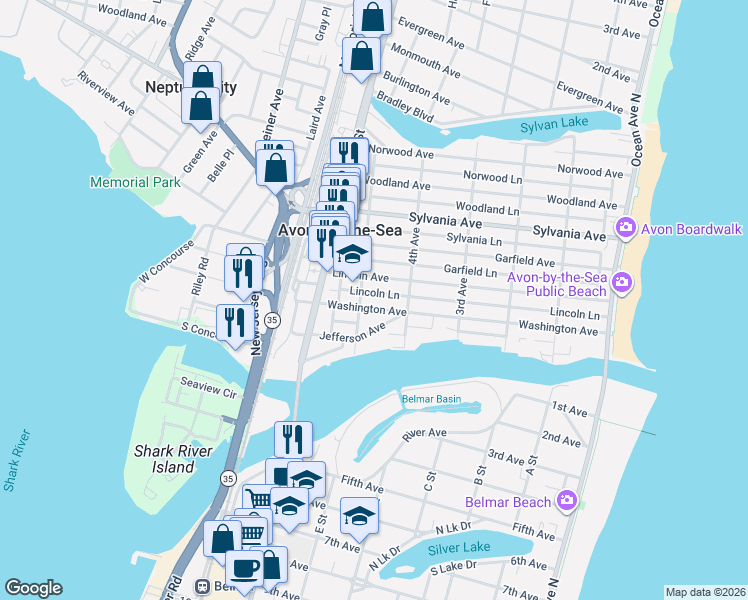 map of restaurants, bars, coffee shops, grocery stores, and more near 414 Washington Avenue in Avon-by-the-Sea