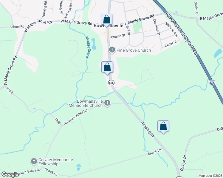 map of restaurants, bars, coffee shops, grocery stores, and more near 1145 Reading Road in Narvon