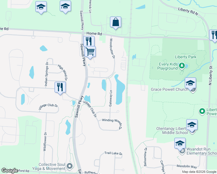 map of restaurants, bars, coffee shops, grocery stores, and more near 7748 Gateway Lane in Powell
