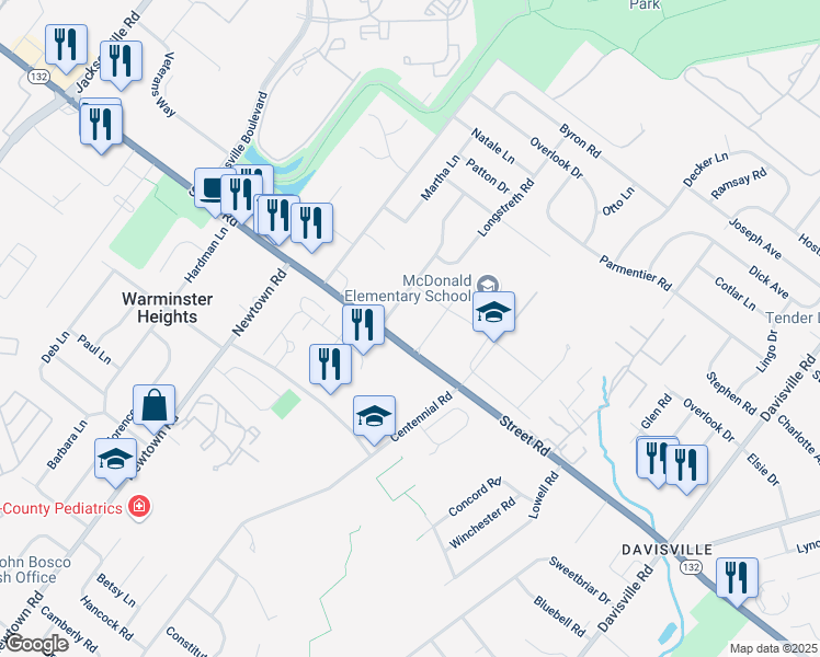 map of restaurants, bars, coffee shops, grocery stores, and more near 455 East Street Road in Warminster