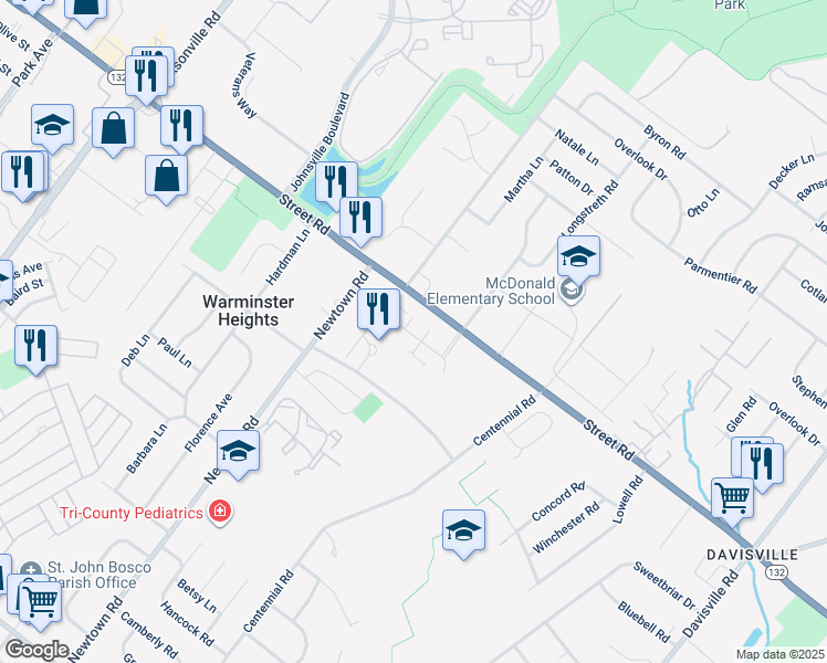 map of restaurants, bars, coffee shops, grocery stores, and more near 3403 Centennial Station in Warminster