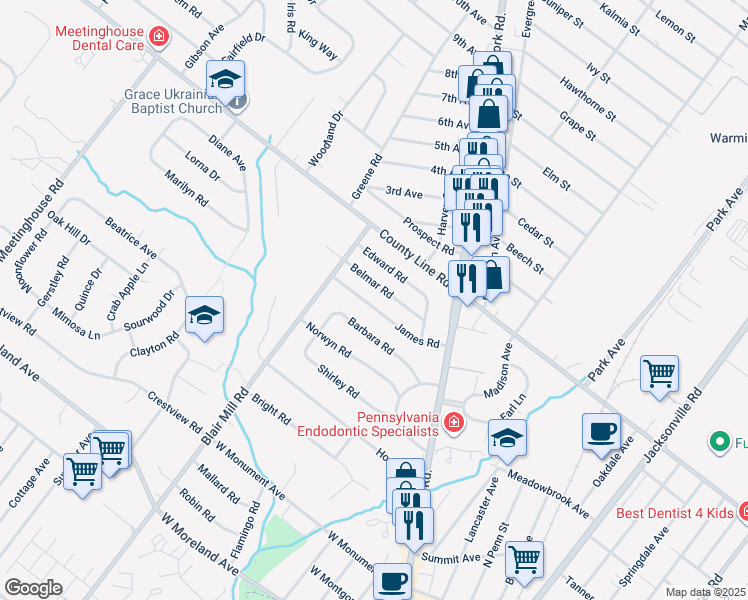 map of restaurants, bars, coffee shops, grocery stores, and more near 32 James Road in Hatboro