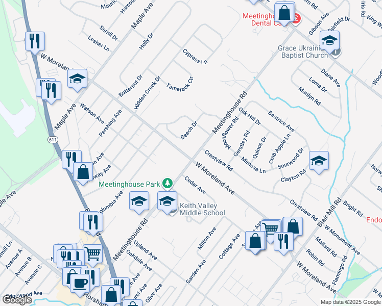 map of restaurants, bars, coffee shops, grocery stores, and more near 140 Meetinghouse Road in Hatboro