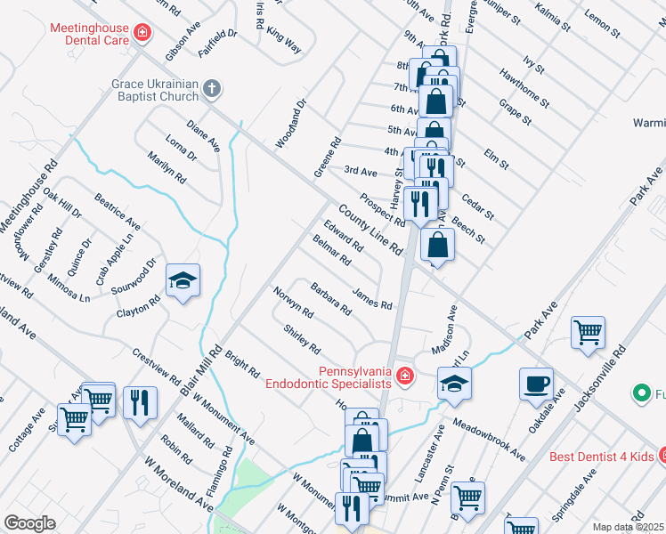 map of restaurants, bars, coffee shops, grocery stores, and more near 32 James Road in Hatboro
