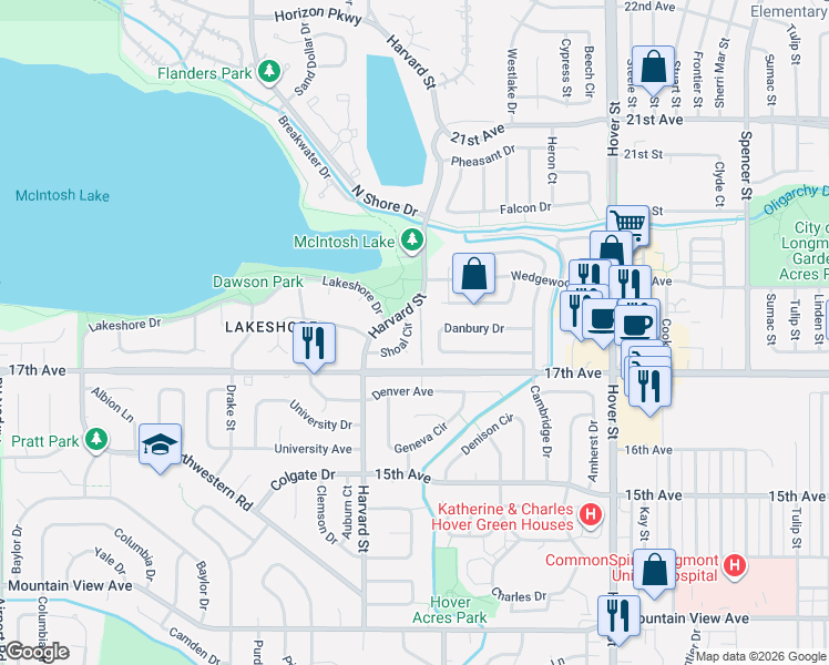map of restaurants, bars, coffee shops, grocery stores, and more near 1717 Danbury Drive in Longmont