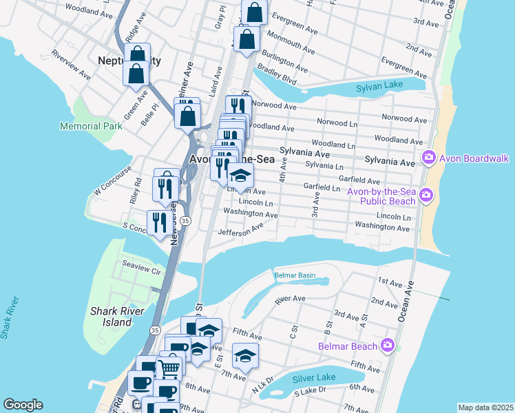 map of restaurants, bars, coffee shops, grocery stores, and more near 438 Washington Avenue in Avon-by-the-Sea