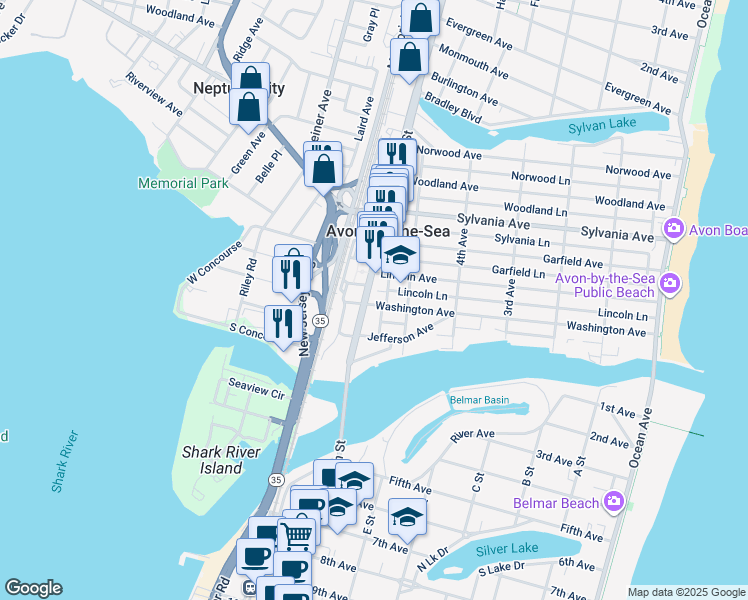 map of restaurants, bars, coffee shops, grocery stores, and more near 523 Washington Avenue in Avon-by-the-Sea