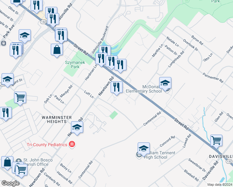 map of restaurants, bars, coffee shops, grocery stores, and more near 12112 Centennial Station in Warminster