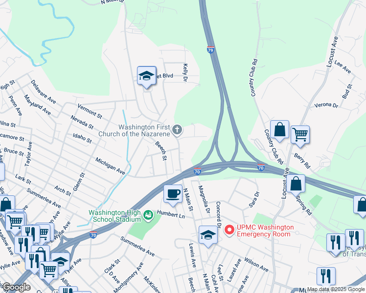 map of restaurants, bars, coffee shops, grocery stores, and more near 1256 North Main Street in Washington