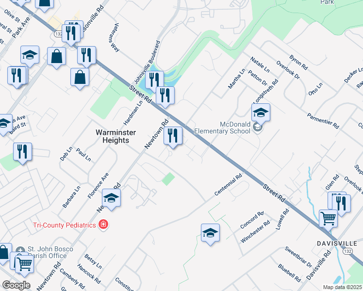 map of restaurants, bars, coffee shops, grocery stores, and more near 5409 Centennial Station in Warminster