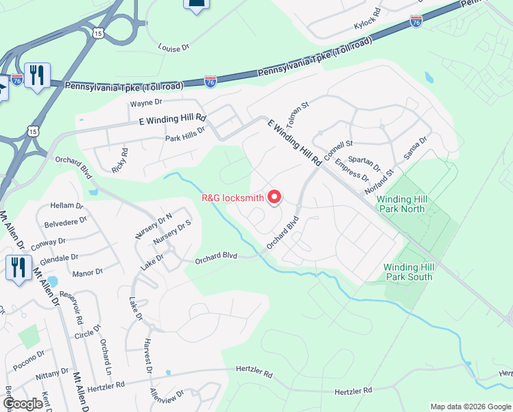 map of restaurants, bars, coffee shops, grocery stores, and more near 1734 Fairbank Lane in Mechanicsburg