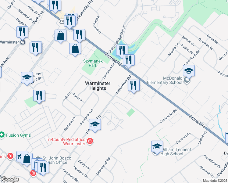 map of restaurants, bars, coffee shops, grocery stores, and more near 520 Newtown Road in Warminster