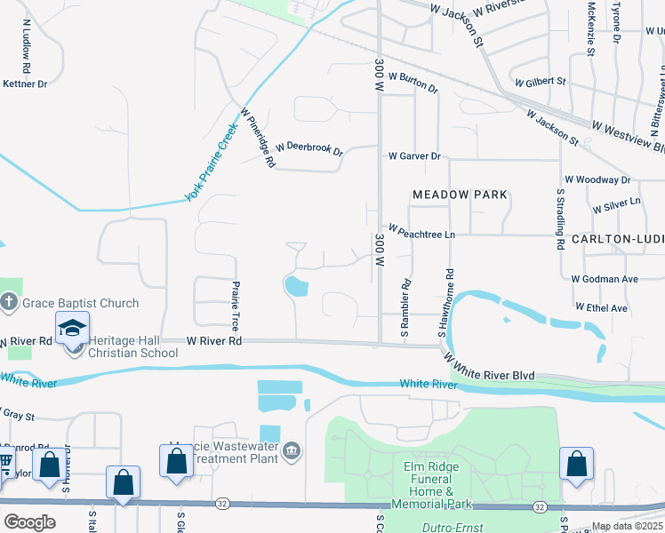 map of restaurants, bars, coffee shops, grocery stores, and more near 405 South Morrison Road in Muncie