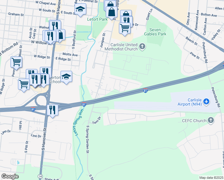 map of restaurants, bars, coffee shops, grocery stores, and more near 59 Garden Parkway in Carlisle