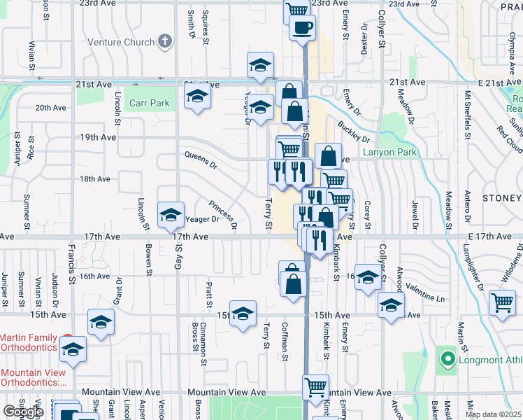 map of restaurants, bars, coffee shops, grocery stores, and more near 1739 Terry Street in Longmont