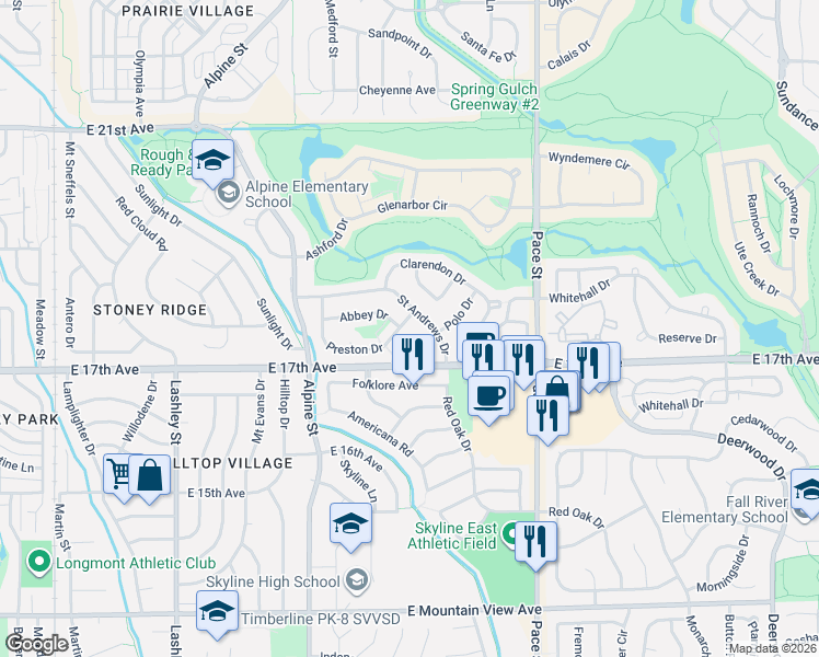 map of restaurants, bars, coffee shops, grocery stores, and more near 1779 Preston Drive in Longmont