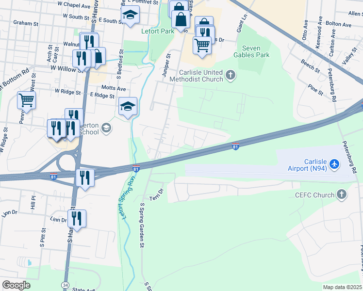 map of restaurants, bars, coffee shops, grocery stores, and more near 59 Garden Parkway in Carlisle
