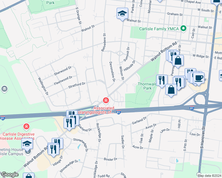 map of restaurants, bars, coffee shops, grocery stores, and more near 653 Devonshire Drive in Carlisle