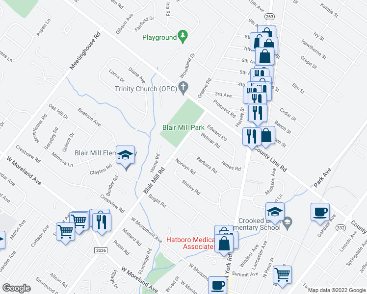 map of restaurants, bars, coffee shops, grocery stores, and more near 4321 Blair Mill Road in Hatboro