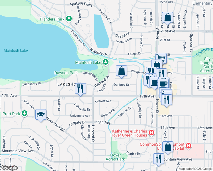 map of restaurants, bars, coffee shops, grocery stores, and more near 1717 Danbury Drive in Longmont