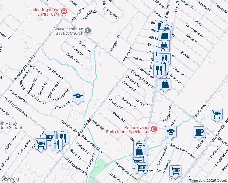 map of restaurants, bars, coffee shops, grocery stores, and more near 4321 Blair Mill Road in Hatboro