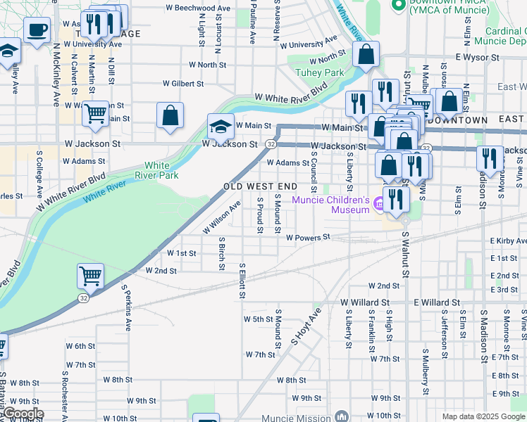 map of restaurants, bars, coffee shops, grocery stores, and more near 500 South Proud Street in Muncie