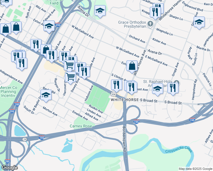map of restaurants, bars, coffee shops, grocery stores, and more near 18 Colonial Avenue in Trenton