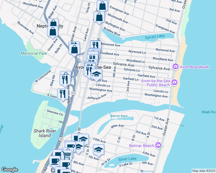 map of restaurants, bars, coffee shops, grocery stores, and more near 435 Lincoln Lane in Avon-by-the-Sea