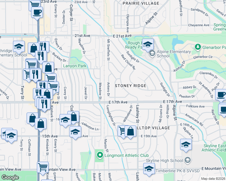 map of restaurants, bars, coffee shops, grocery stores, and more near 1728 Shavano Street in Longmont