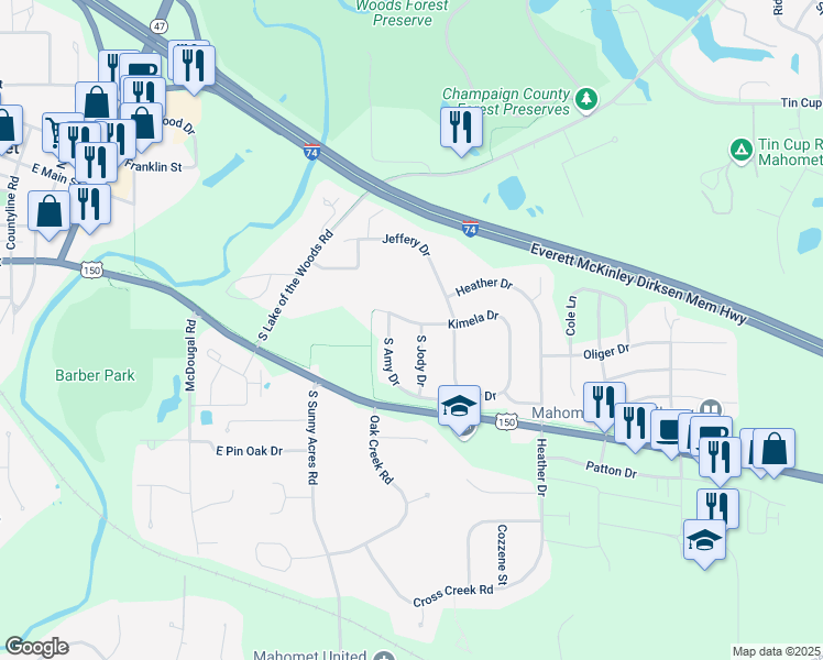 map of restaurants, bars, coffee shops, grocery stores, and more near 703 South Jody Drive in Mahomet
