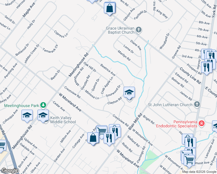 map of restaurants, bars, coffee shops, grocery stores, and more near 108 Sourwood Drive in Hatboro