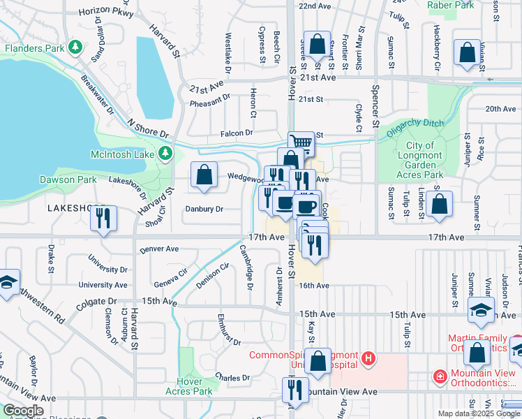 map of restaurants, bars, coffee shops, grocery stores, and more near 1720 Cambridge Drive in Longmont
