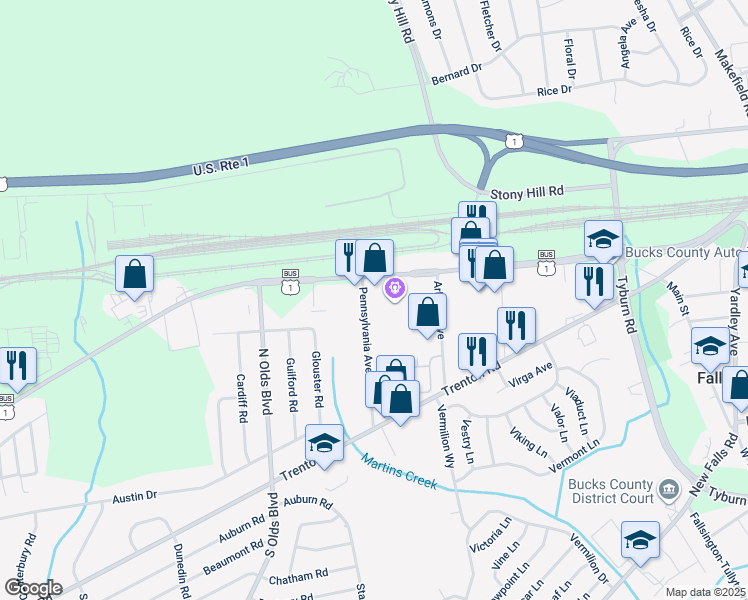 map of restaurants, bars, coffee shops, grocery stores, and more near 1 Pennsylvania Avenue in Fairless Hills