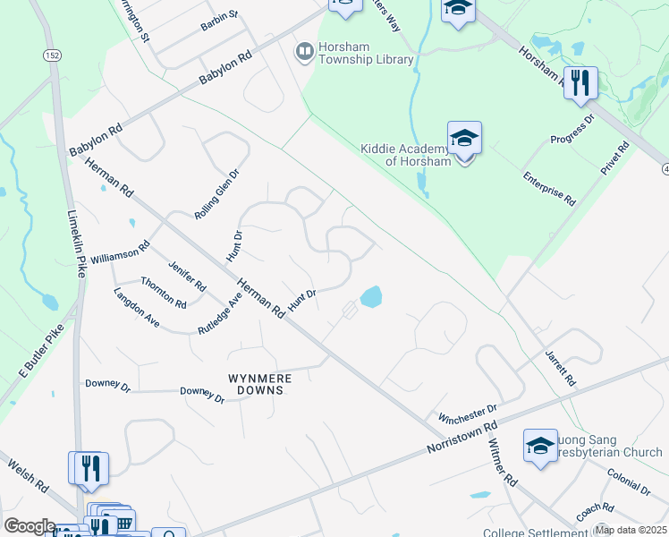 map of restaurants, bars, coffee shops, grocery stores, and more near 11 Churchill Circle in Horsham